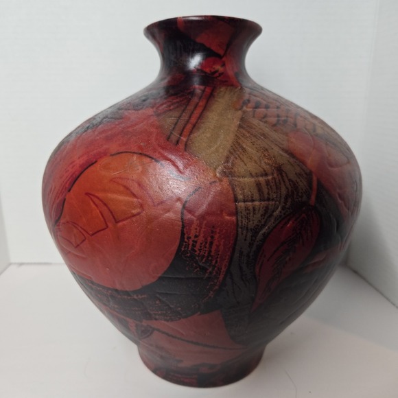 Vtg MCM Unique Art Deco Ceramic Large Balloon Vase Red Brown Floral‎ Pattern